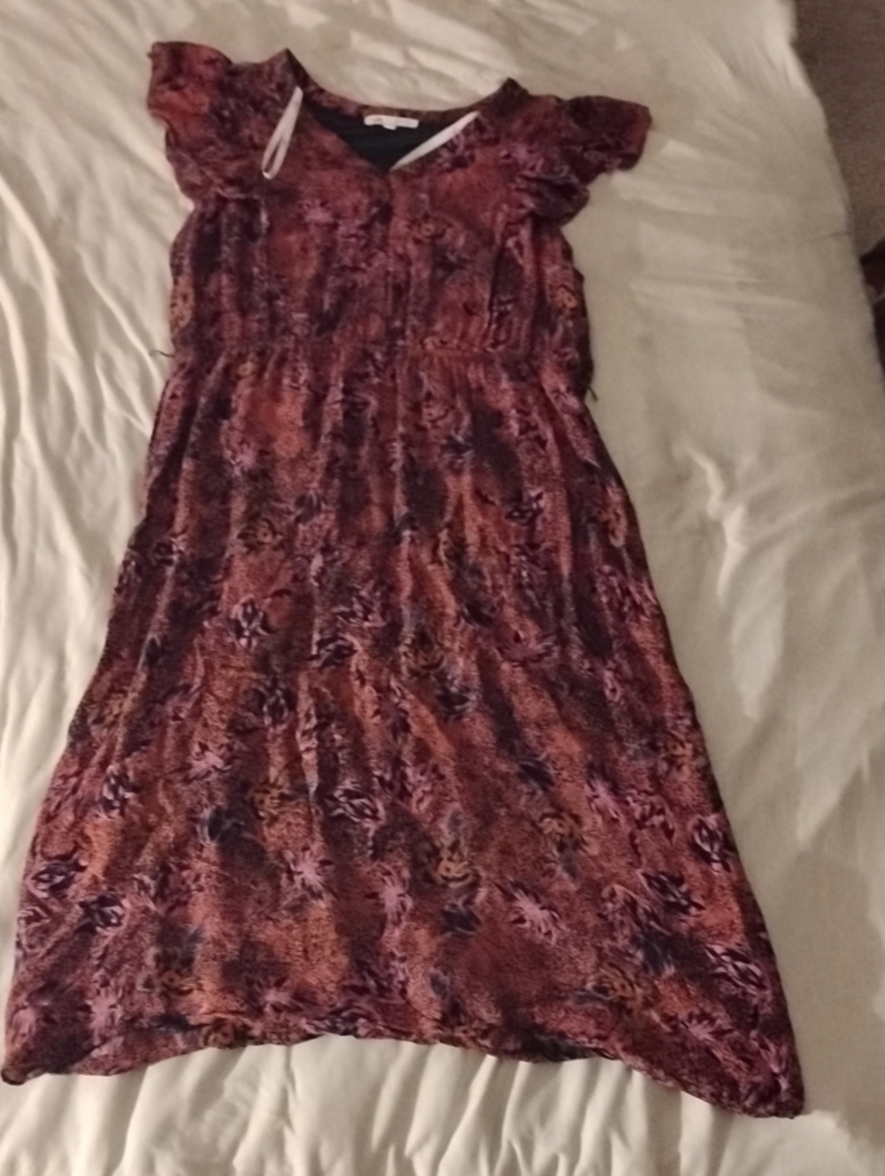 DR2 Flutter-Sleeve Midi Dress in Rust, Black and Plum